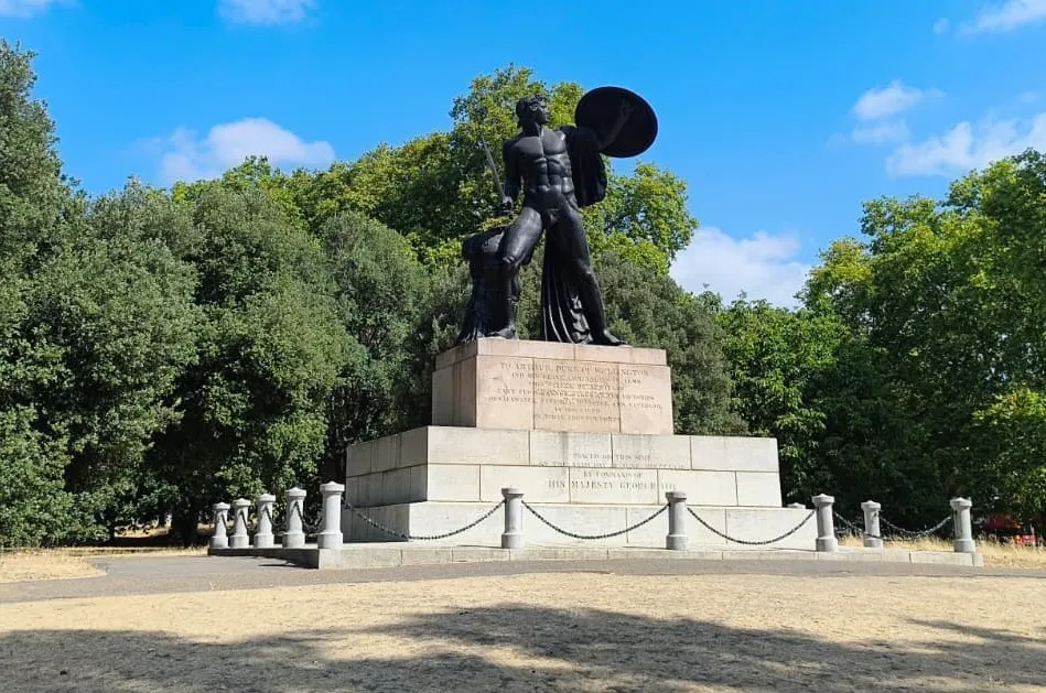 The Achilles statue surrounded by scorched grass